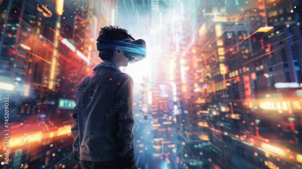 Poster create an image of a man with a virtual reality headset, standing at the threshold of a futuristic m