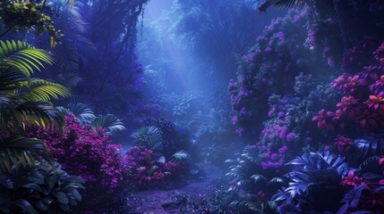 Obraz na płótnie Canvas Create an ethereal image of a tropical jungle bathed in iridescent purple and blue light, highlighting the rich diversity of its exotic vegetation. The colorful trees, vibrant flow, AI Generative