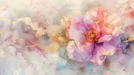 Abstract art watercolor gentle flower and gold splash for nature banner background. Watercolor art design suitable for use as header, web, wall decoration. Generative Ai
