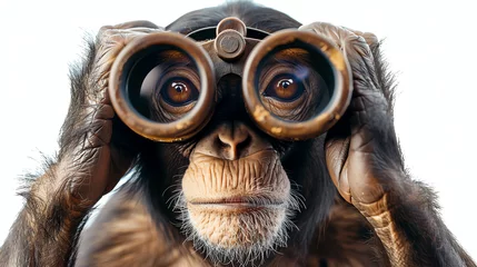 Foto auf Leinwand A curious cartoon monkey peering through a pair of binoculars. © Shamim
