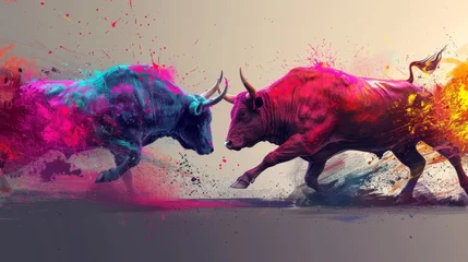 Fototapeten Crypto market's essence, bear and bull in abstract dance, vivid colors depict the struggle, generative art style, highlighted by strategic, sharp lighting, AI Generative © sorapop