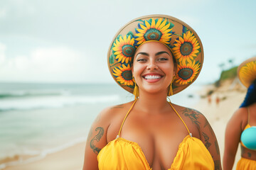 Oversized Latina Woman Wearing Bikini and Hat at the Beach Smiling. Body Positivity Concept.