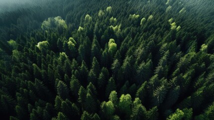 Naklejka na ściany i meble Aerial photography forest. Summer warm sun light forest aerial view.