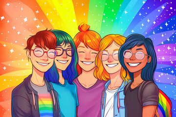 Illustration of Five Gay Women Smiling Over a Colorful Rainbow as a Background. Lesbian Women LGBTQIA+ Concept