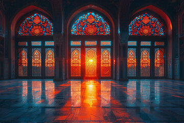 Interior of mosque with intricate windows and sunset light