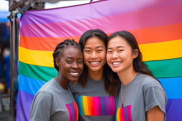 Three Multiracial Women Wearing LGBTI T-Shirts. African American Woman with Two Asian Friends Smiling. LGBTI Concept