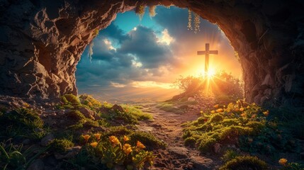 Dawn of Easter, Jesus risen, empty tomb with crucifixion background, celebrating Christian faith and renewal, AI Generative