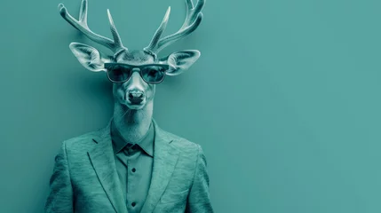 Rolgordijnen Deer with flair, suited in hipster style, sunglasses on, boss of Christmas, pastel teal green elegance, holiday creativity unleashed, AI Generative © sorapop