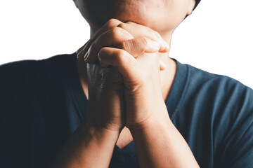 Close up woman believes in god, person hands praying on isolated white background. Asian woman...