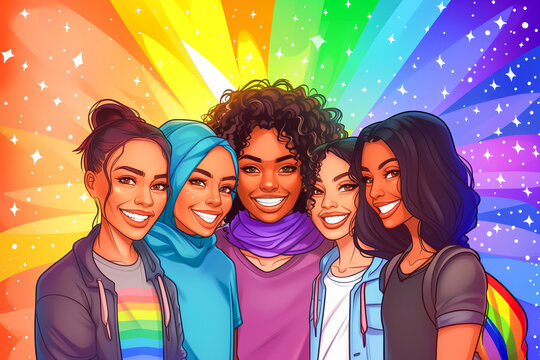 Illustration of Five Gay Women Smiling Over a Colorful Rainbow as a Background. Lesbian Women LGBTQIA+ Concept