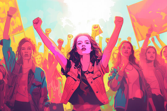 Illustration of Diversity Group of Women Fists Up. Group of Women in an Equity Protest . Activism Concept.