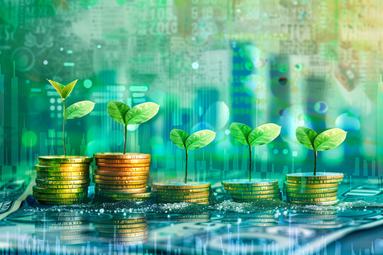 Stack of Coins , The Seedlings are Growing on Top. Concept of Green Business, Sustainability Investment.