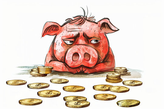 Illustration of Sad Piggy Bank Thinking of Money on White Isolated Background