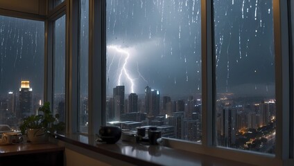 Rains and lightening from window in city skyscrapers