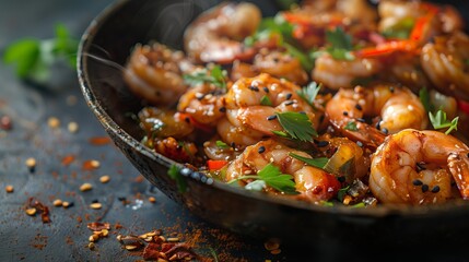 A seafood dish with shrimp and vegetables cooked in a wok on the table - obrazy, fototapety, plakaty