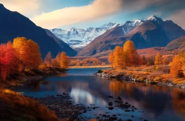Zelfklevend Fotobehang Autumn landscape river and mountains © Kosvintseva