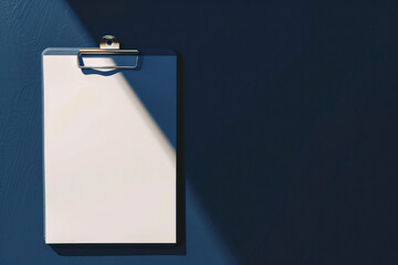 Clipboard with blank paper on dark blue background in sunlight