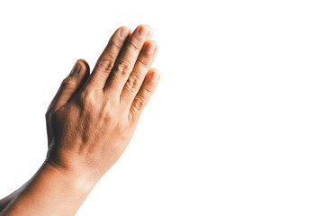 Female hands praying on a white isolated background, Asian woman stands in meditative pose, holds...