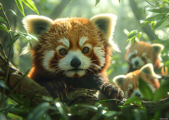 a group of red pandas agilely navigating the treetops, with one panda in sharp focus against a...