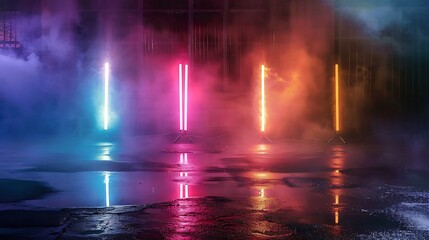 Abstract background. Dark empty stage, multi-colored rays of a neon searchlight, wet asphalt, smoke, night shooting, bokeh color. Generative Ai