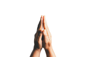 Female hands praying on a white isolated background, Asian woman stands in meditative pose, holds hands in praying gesture, has sense of inner peace, Isolated praying hands, Religion concept. - obrazy, fototapety, plakaty