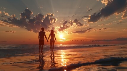 2 young people holding hands on the beach, sunset in the background with scattered clouds,