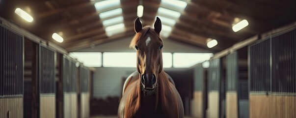 Brown horse inside stable. - obrazy, fototapety, plakaty