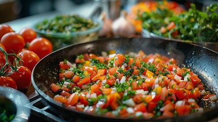 A pan sizzles with cooking Israeli salad ingredients, like tomatoes and peppers