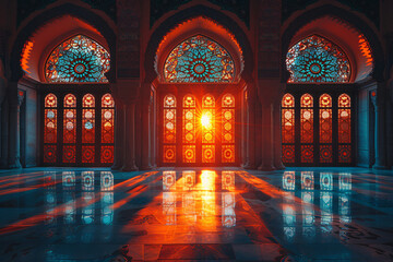 Sunset glow through ornate windows of a traditional mosque
