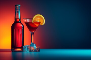 a stylish beverage photo of a dark red alcoholic cocktail with whiskey and juice in a bottle and a martini glass on gradient blue and red background