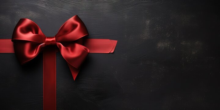 A red ribbon against a black wall background with an empty space on the right
