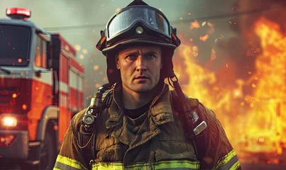 Foto op Canvas Fireman standing in front of a fire background. © Filip
