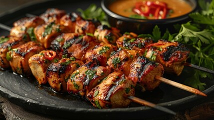 a Thai Chicken Satay, grilled skewers with peanut sauce - obrazy, fototapety, plakaty