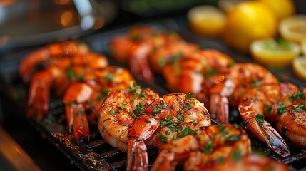 Seafood cooking on grill for delicious dish at food event - obrazy, fototapety, plakaty