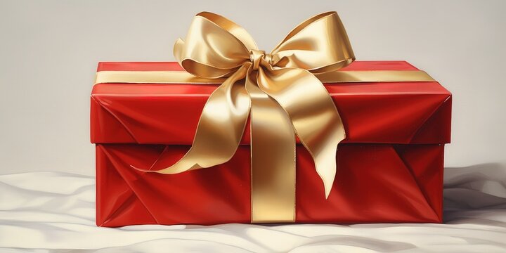 A red gift box with a golden ribbon on a white background