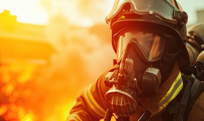 firefighter with helmet and air mask - obrazy, fototapety, plakaty