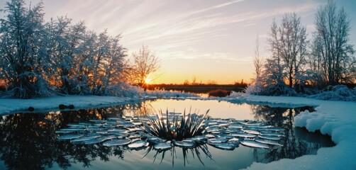 a pond surrounded by snow covered trees with the sun setting in the distance in the middle of the picture, with the reflection of the trees in the water.