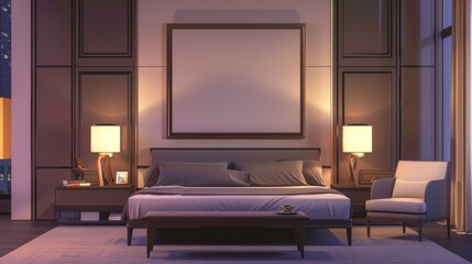 luxury modern bedroom design with large frame, 3D render