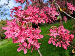 Pink blossom in spring blooming sakura branches close-up