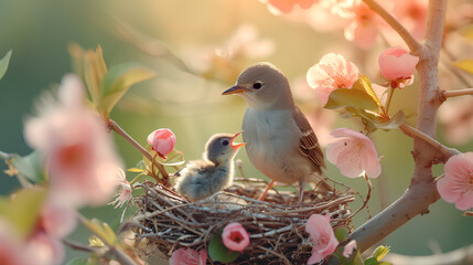 Cute birds in the nest, mother and chicks. The concept of bird Day.