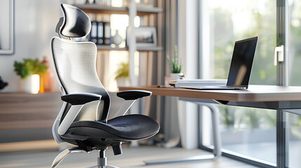 An ergonomic chair for the home office combined with a desk.