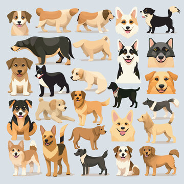 Design a clipart set that depicts various dog breeds such as german shepherdgolden retrievers chi. Vector illustration.