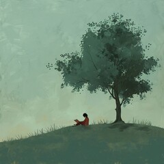 Child under a tree lost in a book natures silence accompanying the tale