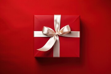 A red gift box with a white ribbon on a red background