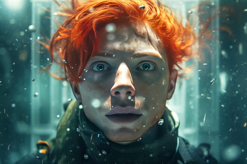 Dive into this captivating digital artwork featuring a person with fiery red hair