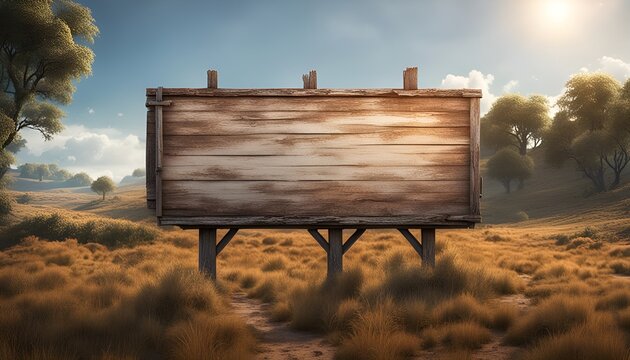 Wooden signboard in the field. 3d render illustration.