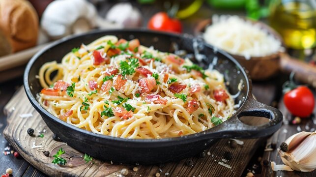Classic spaghetti carbonara rich and creamy adorned with crispy pancetta and a sprinkle of Parmesan captured in the warmth of soft lighting