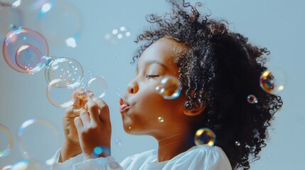 Child blowing bubbles joy in simplicity plain backdrop copyspace for childhood magic - obrazy, fototapety, plakaty