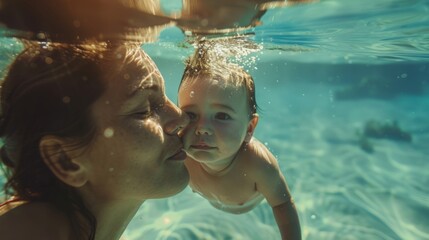 Mother teaching cute baby how to swim in a swimming pool. Cute smiling child having fun swimming and diving in the pool at the resort on summer vacation. ai - obrazy, fototapety, plakaty