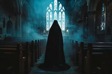 Fotobehang spooky figure with a cloak in a church  © overrust